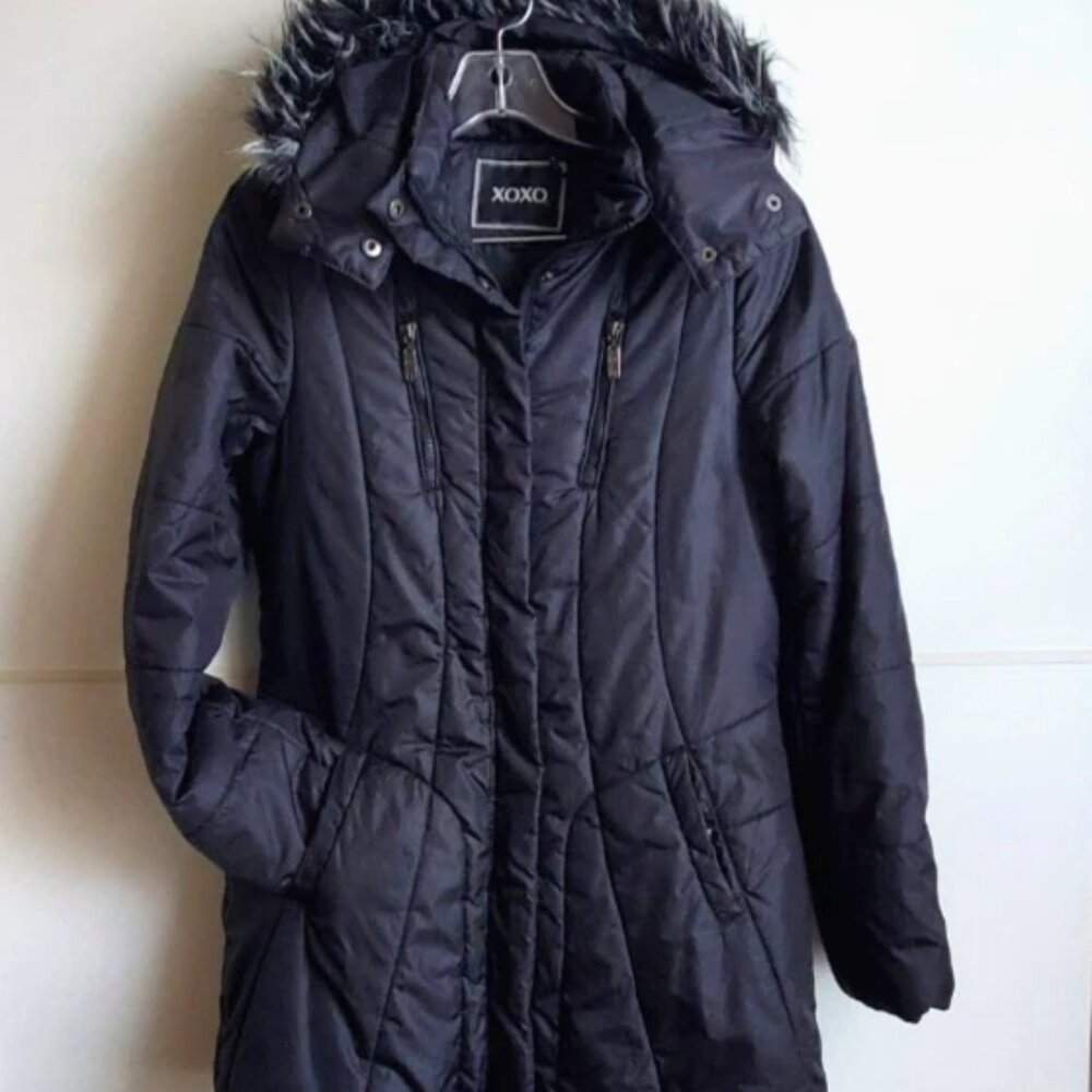 WINTER COAT PUFFER JACKET by XOXO Size S BLACK DETACHABLE HOOD POCKETS ZIPPER